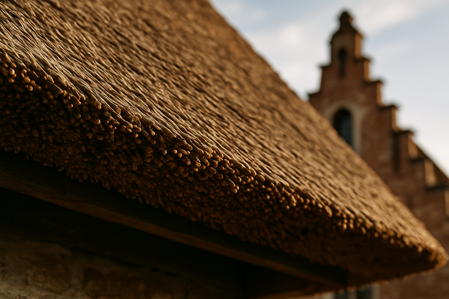 Detail van de structuur van een rieten dak in Antwerpen