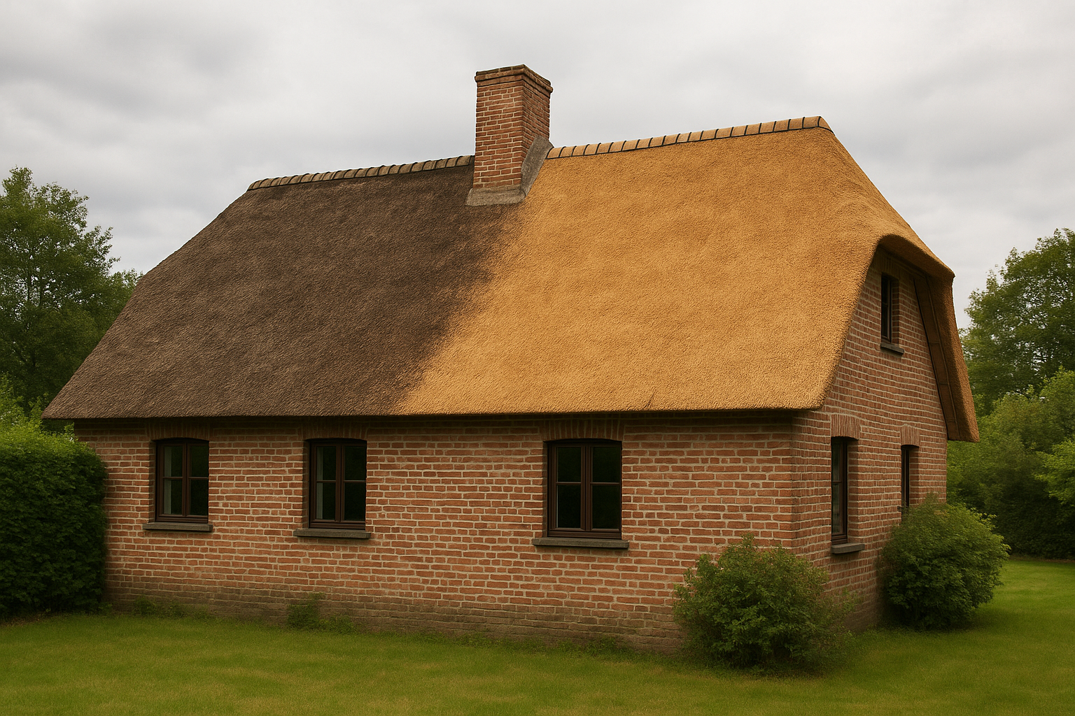 Gedeeltelijk gerenoveerd rieten dak op een landelijke woning